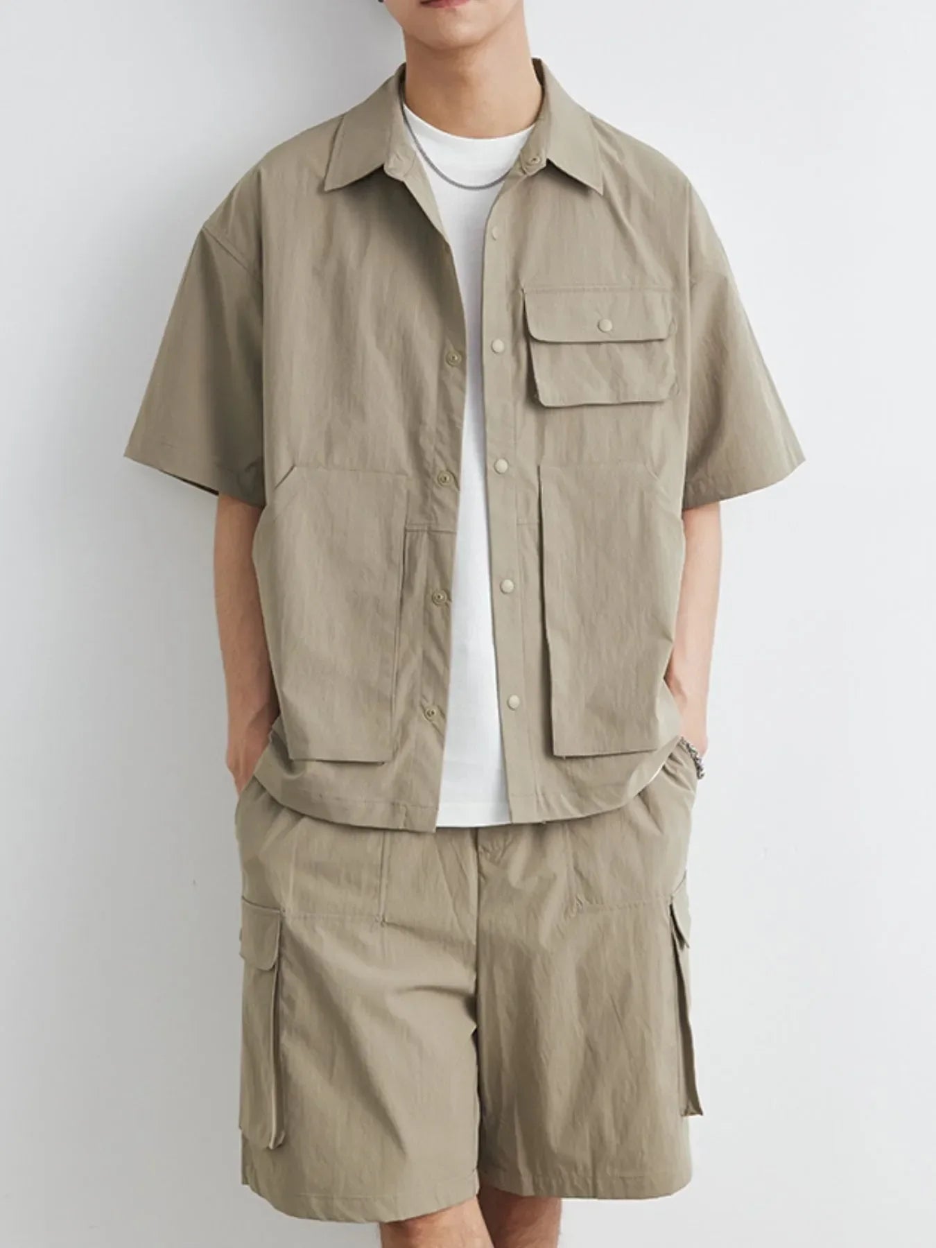 Herren Plus Size Kurzarmhemd mit Knopfleiste und Shorts Set