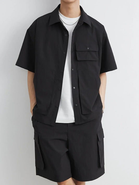 Herren Plus Size Kurzarmhemd mit Knopfleiste und Shorts Set